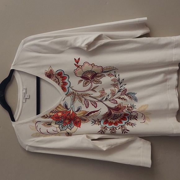 CHICOS Floral Everyday V Neck 3/4 Sleeve Pima Cotton White Tee sz L - Picture 3 of 12